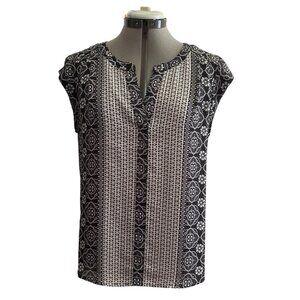 DR2 Womens Black & White Sleeveless V Neck Floral Sheer Top Medium